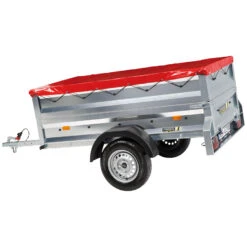 Stedele Einachsanhänger Aus Feuerverzinktem Stahlblech Inkl. Bordwandaufsatz 35 Cm Hoch Und Passender Abdeckplane In Rot, Ungebremst